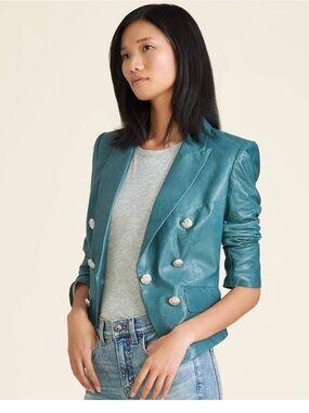 blue veronica beard “cooke” dickey blue leather blazer - sz 10 (missing button)